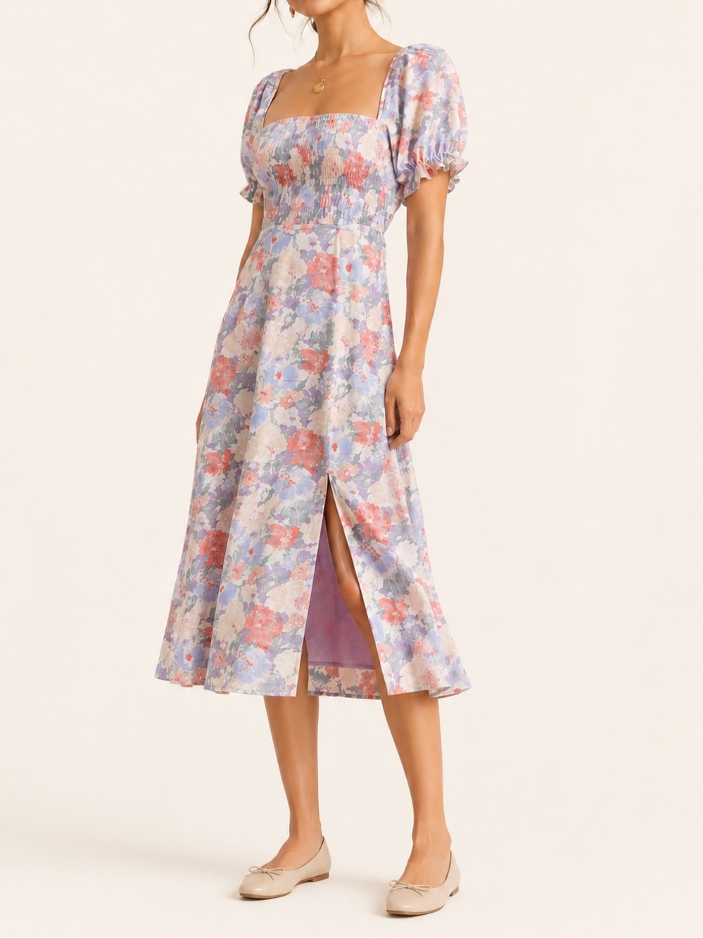 NWT Astr Puff Sleeve Smocked Floral Print Dress - Picture 2 of 11